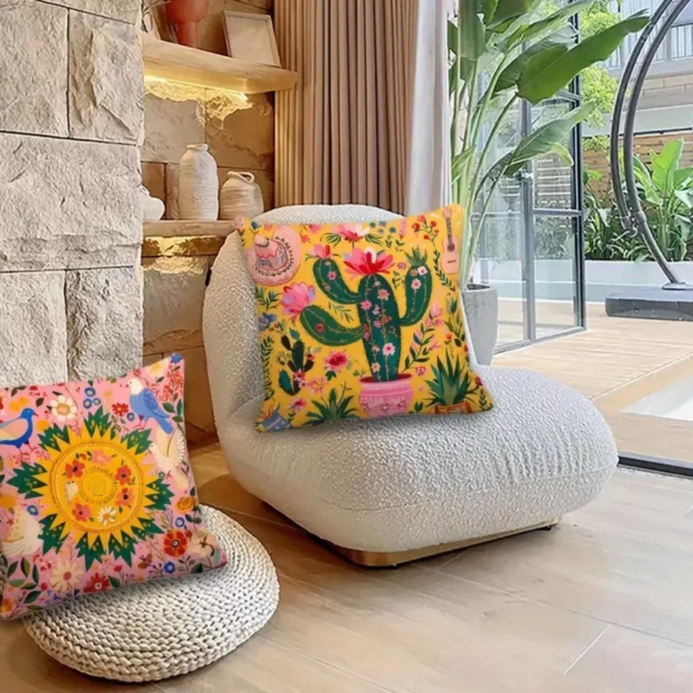 Boho Folk Art Pillow Covers Set of 4 Pink Leopard Floral Cactus 16x16